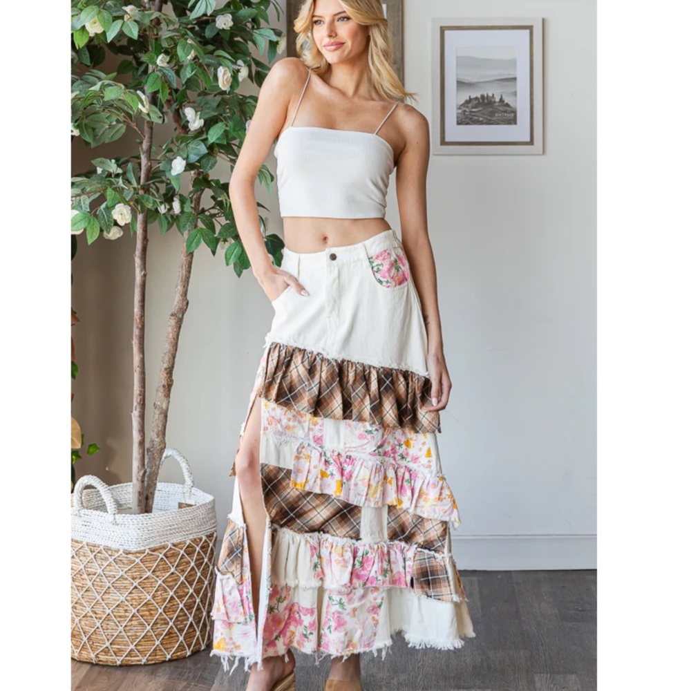 Oli & Hali Cream Patchwork Maxi Skirt with Floral & Plaid Ruffles - Picture 5 of 7